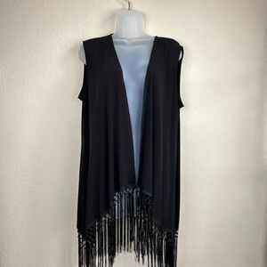 Allison Daley Black Fringe Open Front Sleeveless Cardigan